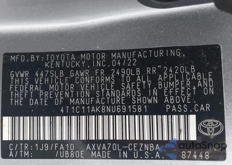 2022 Toyota Camry Le from USA, damaged, VIN 4T1C11AK8NU691581